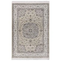 Orientalischer Samt-Teppich Fransen Tabriz Casim Beige Creme