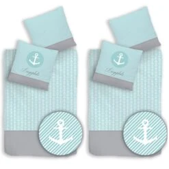 Bettwäsche-Set Biber "Anker Liegeplatz" In Mint / Grau (4-teilig)