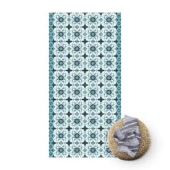 Vinyl-Teppich - Geometrischer Fliesenmix Blume Türkis In Türkis