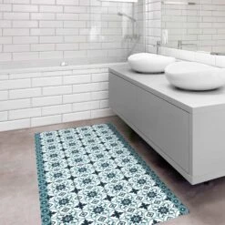 Vinyl-Teppich - Geometrischer Fliesenmix Blume Türkis In Türkis -Heimtextilien Verkauf wallart vinyl teppich geometrischer fliesenmix blume turkis in turkis 4