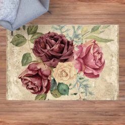 Vinyl-Teppich - Vintage Rosen Und Hortensien In Creme-Beige -Heimtextilien Verkauf wallart vinyl teppich vintage rosen und hortensien in creme beige 2